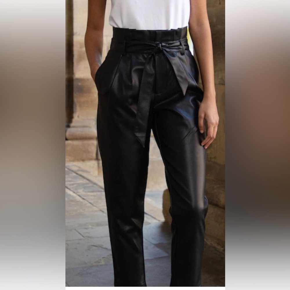 Anine Bing Inez 100% Leather black tiebelt trousers size 34 see measurements NWT